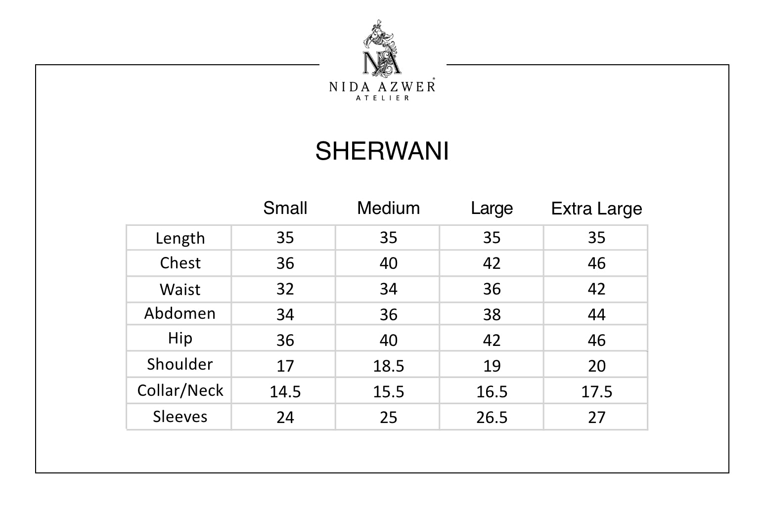 Nida Azwer size chart