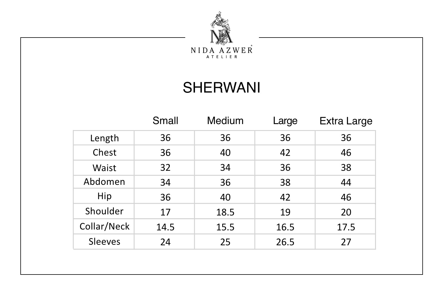 Nida Azwer size chart