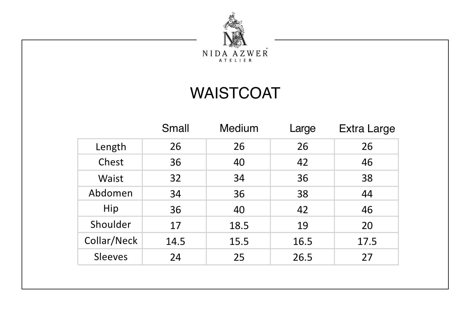 Nida Azwer size chart
